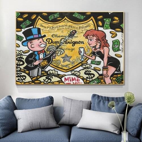 Alec Monopolyingly Graffiti Art Champagne Money Poster Paintings on Canvas Modern Art Wall Pictures Home Decoration Cuadros