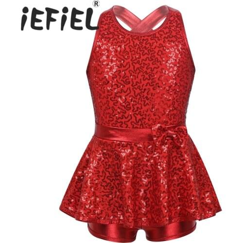 Sequins Kids Girls Child Jazz Modern Tap Dancewear Sleeveless Shiny Criss Cross Back Waist Bowknot Ballet Dance Leotard Dress