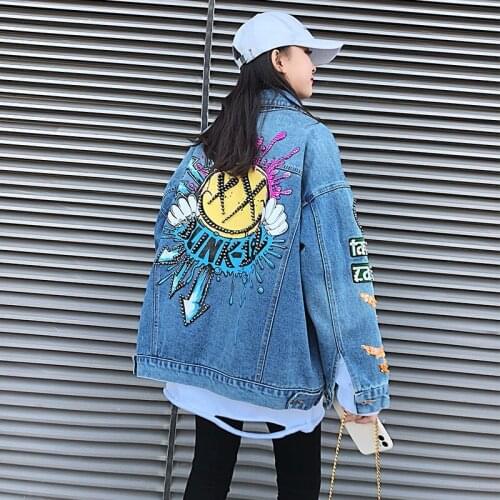Kurtka Dżinsowa 2021 Spring Autumn Denim Jacket Women Loose Hip-Hop Streetwear Long Sleeve Turn-Down Collar Outerwear Femme New