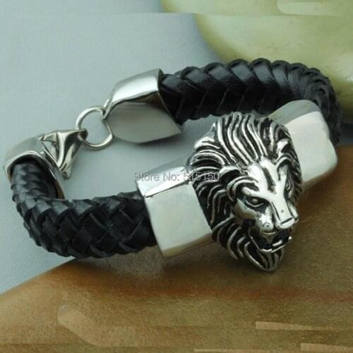 Fashion Jewelry Trendy Black Stainless Steel Lion Leather Bracelet & Bangle Men Fashion Wrap Wristband Free Shipping