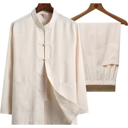 Plus Size Wu Shu Clothing For Father 4XL Long Sleeve Shirt+Pant Cotton Linen 2Pcs/Set Men Kung Fu Tai Chi Suit l Classic 2020