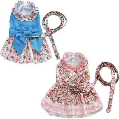 New Cat Dog Dress Shirt With Leash Set Soft Floral Puppy Cat Skirt Big Bowknot Princess Girl Dresses Bichon Pet Clothes Apparel