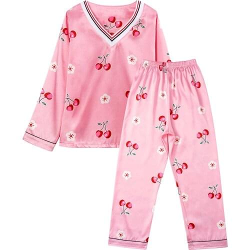 Kids Girls Silky Faux Satin Sleepwear Suit V Neck Long Sleeve Cartoon Cherry Print Top+Pant 2Pcs Set Cute Girl Nightgown Pajamas