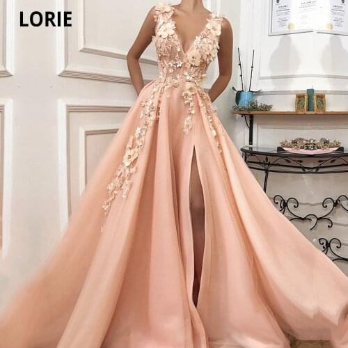 LORIE Blush Prom Dress Long V-Neck Appliques Flowers Handmade Side Split Tulle Formal Evening Gowns Girl Graduations Party Dress