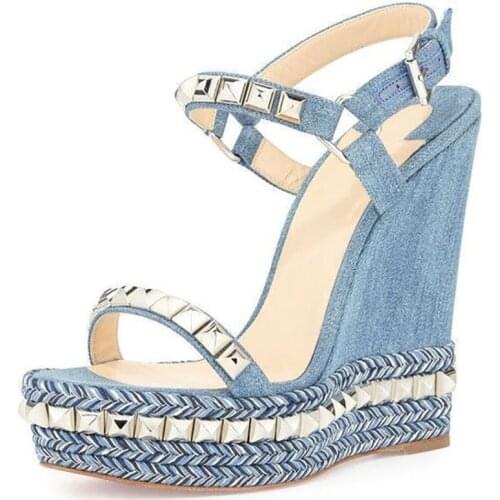 Rivet Studded Wedges Sandals Platform Denim Blue Ankle Buckle Manufacturer Customa Made Ladies Shoes Casual Party Hot Day Shoes