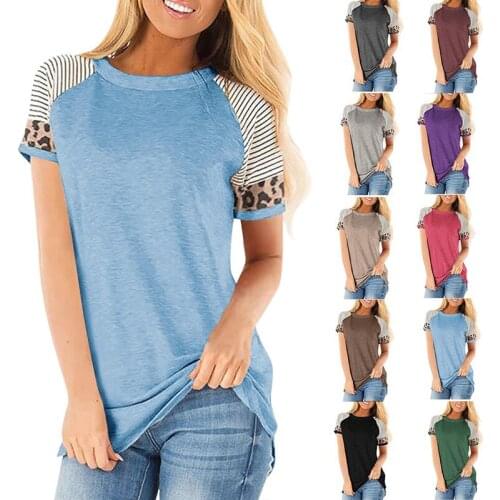 Summer T Shirt Women New Summer 2021 Leopard Splicing Stripe Color Tops Short Sleeves Female Tee Tshirts Dropshipping MDF3303