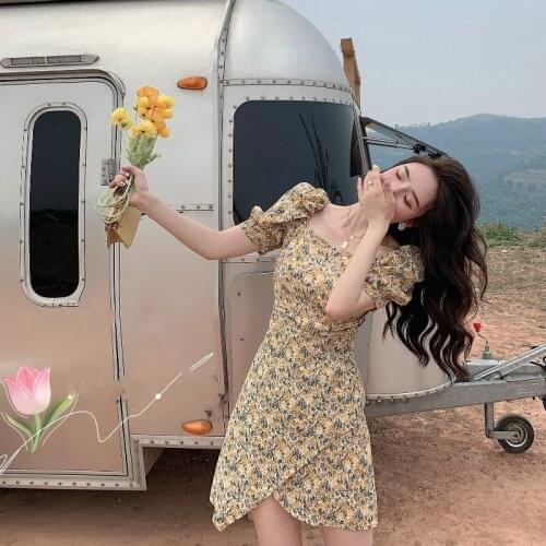 Women Dresses Summer 2021 Sexy Square collar Floral Print Boho irregularh Dress Ruffle Short Sleeve A Line Mini Puff sleeve