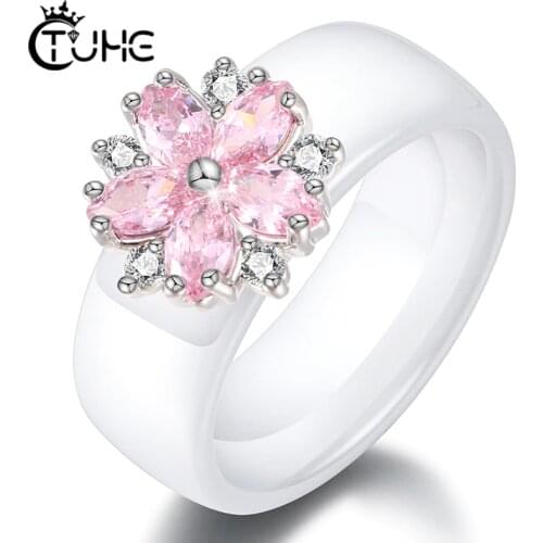 Female Pink Crystal Geometric Ring Good Quality Healthy Ceramic Ring Promise Wedding Engagement Rings For Women Fast Shipping