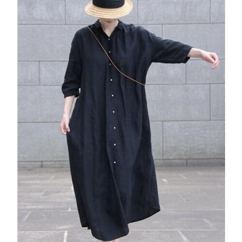 Autumn 2021 new literature and art black linen casual loose long sleeve Lapel shirt dress 001-7