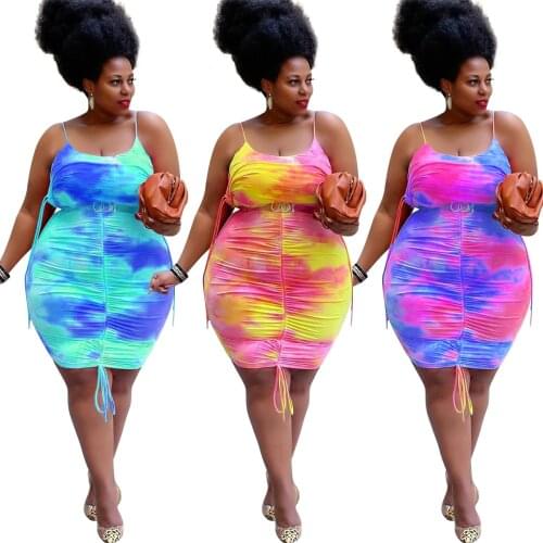Plus Size Women Clothing Tie Dye Printing Drawstring Pleated Sexy Dress Bodycon Sleeveless Vintage Night Club Party Outfits 4XL