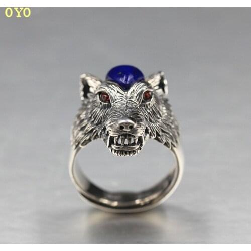 100%925 silver ring Thai silver lapis lazuli inlaid wolf head ring Old hand-carved silver ring