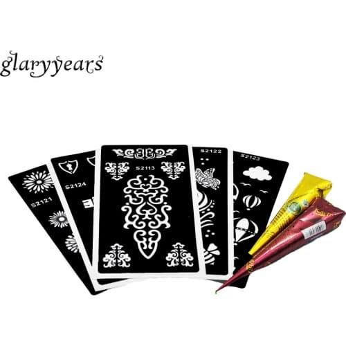 5 Pieces Medium Tattoo Stencil + 2 Pieces Black Brown Henna Paste Cone Body Art Painting Temporary Henna Tattoo Template Sticker