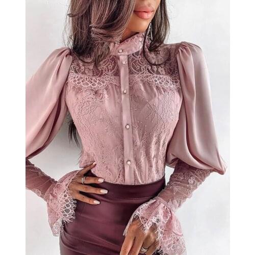 Elegant Blouse Women Lace Flare Sleeve Buttoned Chic Spring Fall Office Ladies Shirts Chiffon Solid Casual Blouses Tops Female