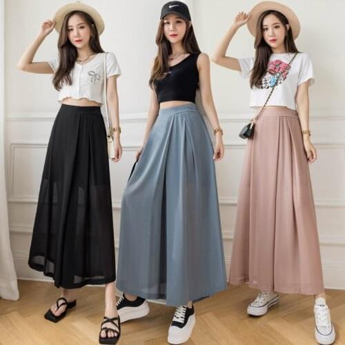 Spring And Summer 2021 Button Elastic Waist Chiffon Wide Leg Pants Trousers Womens Clothing Black Blue Pink Skirts