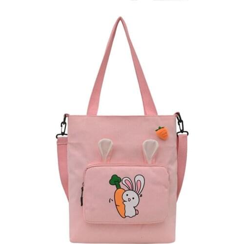 Large Volume Lovely Canvas Crossbody School Bag For Teenages Girls Fabric Cotton Zipper Pocket Tote Handbag Shoulder Detachable