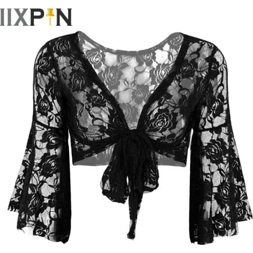 IIXPIN Womens Belly Dance Long Flare Sleeve Belly Dancewear Lace Top Shrug Fashion Cover Up Open Front Cardigan Wraps