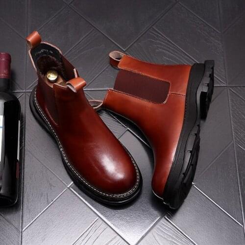 ERRFC Personalized British Mens Brown Chelsea Boots Fashion Round Toe Platform Winter Warm Trending Leisure Shoes Size 38-43