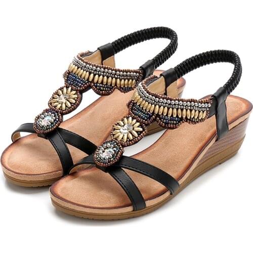 Jastie 2021 Womens Sandals Retro Rhinestone Beaded Wedges Female Sandal Summer Beach Bohemian Open-Toe Sandal