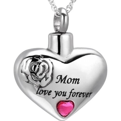 K001 Mom Love You Forever Heart Cremation Jewelry for Ashes Pendant Locket Stainless Steel Keepsake Memorial Urn Necklace