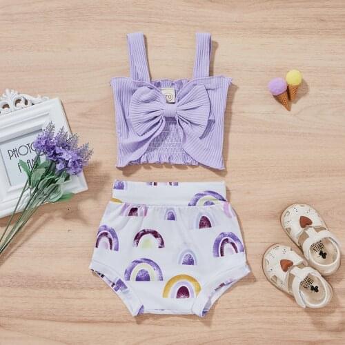 2 Pieces Baby Girl Clothes Set Summer Solid Color Sleeveless Bow Short Tops+ Floral Print Short Pants For 0-24 Months