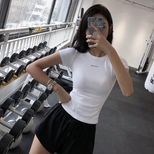 Yoga Crop Top Short Sleeve Womens Summer High Elastic Red Running Mujer Camisetas