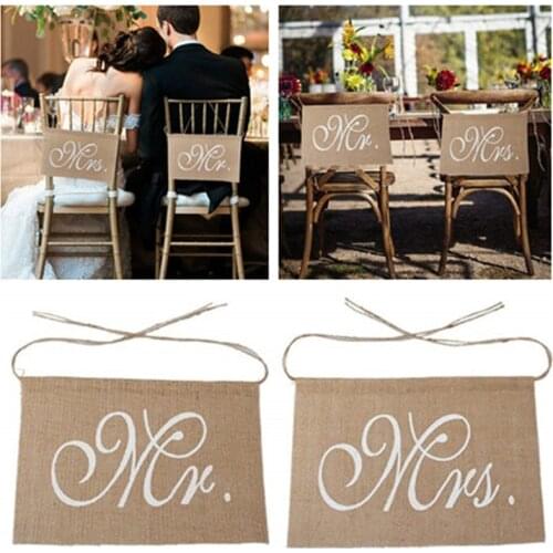 Hot sell Khaki Mr. & Mrs. Burlap Chair Banner Set Chair Sign Garland Rustic Wedding Decoration 5BB5608