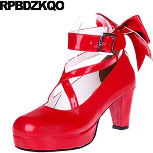 Lolita crossdresser cross strap 11 43 ankle women high heels thick red big size bow pumps us 13 ladies shoes round toe 12 44