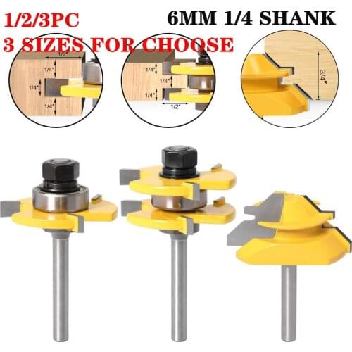 1-3pc 6mm 1/4" Shank Tongue & Groove Router Bit Tool Set With A 45° Lock Miter Bit 6.35mm Shank Solid Steel Woodworking Mill Bit