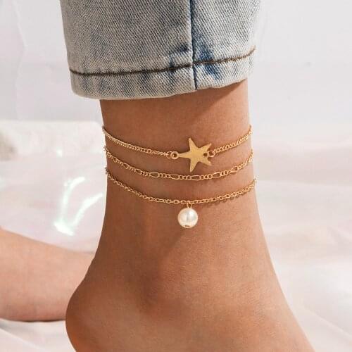 Docona 3pcs/set Charm Pearl Star Anklets Set for Women Simple Gold Multilayer Geometric Alloy Summer Jewelry Accessories 13509