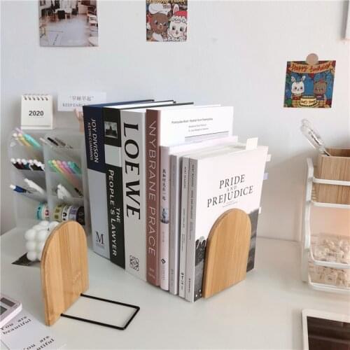 Nature Wooden Bookends Non-skid Book Holder Portable Storage Shelf Magazines Albums DVD Bookrack for Study Office Desktop