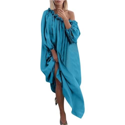 New Women Dress Large Size 5XL Solid color Beach Maxi Dress Casual Long Sleeve Ladies Clothing Sexy Strapless Loose Dresses