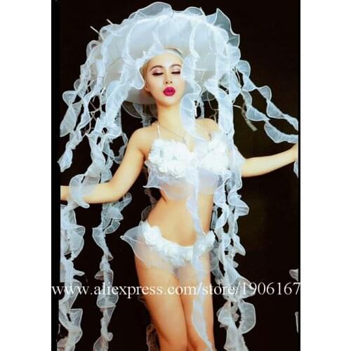 New nightclub modern blue white female song dance catwalk show gogo stage adult led jellyfish bikini set