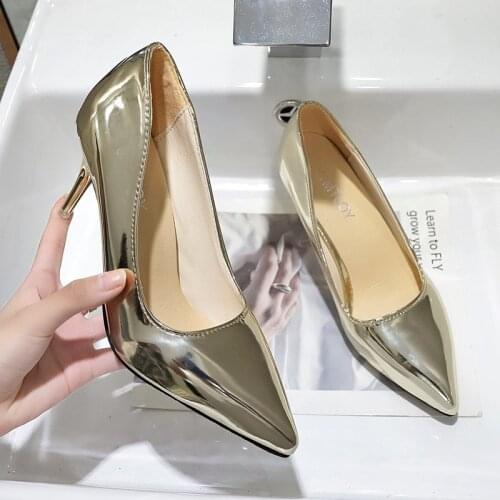 Sexy Heels Women Pumps Patent Leather High Heel Shoes Plus Size Fashion Pointed Party Wedding Shoes Ladies Stiletto Gold Silver