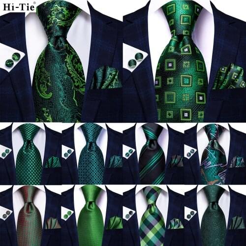 Hi-Tie Mens Green Teal Tie Floral Paisley Silk Wedding Necktie Pocket Square Set Party Business Fashion Designer Dropshipping