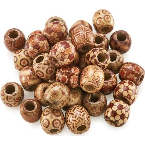 Pandahall 200pcs 16x17x17mm Hot 16mm Barrel Shape Mixed Pattern Wood Round Beads Loose Bead Charms for Jewelry Making Hole: 7mm