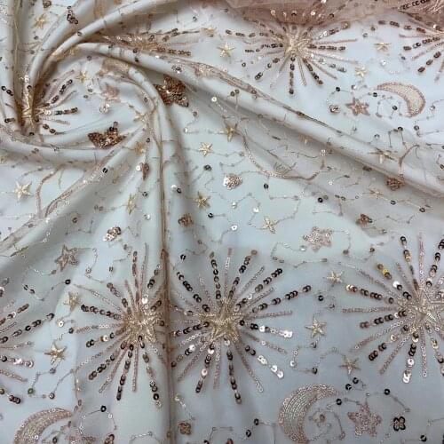 Pink Tulle Lace Fabric Shiny Stars Moon Sequined lace fabric For Bridal Evening Show Dresses Sewing Craft Summer Dress 1 yard