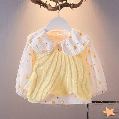 2pcs/set Spring Autumn Girls Shirt Clothes With Vest Long Sleeve Baby Cotton Linen Cardigan Shirt Turn Down Collar Blouse