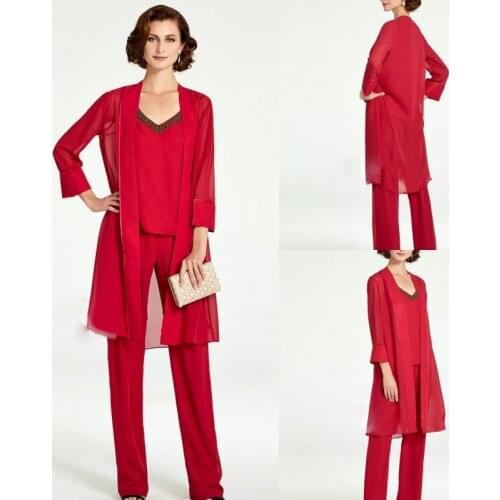 2019 New Mother of the Bride Dresses Chiffon Long Sleeves 3 Pieces Pants Suits Evening Gowns Ankle Length Prom Party Dress