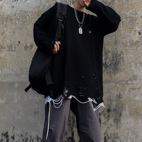 Ripped hole hip hop punk knitted sweater men women black gray harajuku vintage sweaters oversized pullover jersey