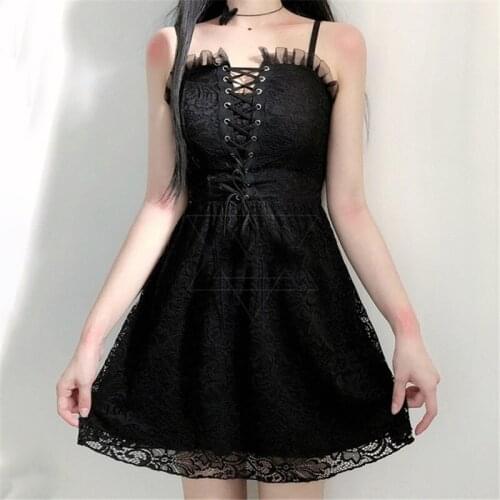Japanese Lolita Style Women Black Gothic Dress Spaghetti Straps Vestido Sexy Hollow Out Night Party Club Sleeveless Dresses