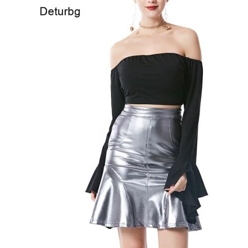 Womens Elegant Faux Leather Knee-Length Skirt Female High Waist Ruffles Shiny PU Skater A-Line Skirts Faldas 2021 Autumn SK889