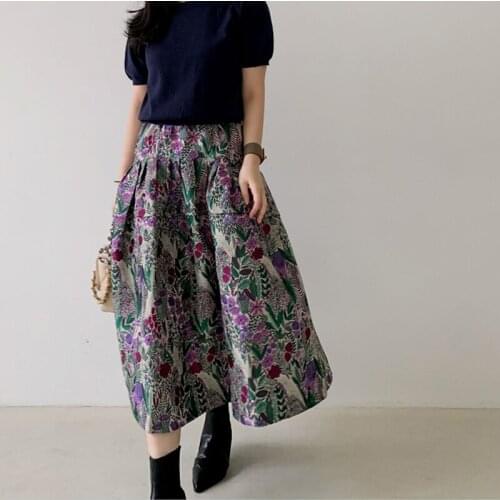 Casual Korean Spring Summer Beach Boho Vintage Purple Flower Print Puffy Bud Skirt Female Elastic High Waist Skirt Women Clothes