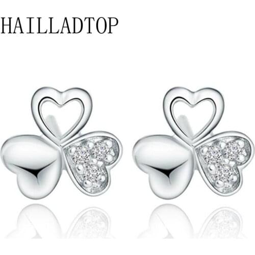 Silver Plated Sweet Three Leaves Clover Shape Stud Earrings Full Crystal Stud Earrings Leaf Clover Zircon Earrings for Women
