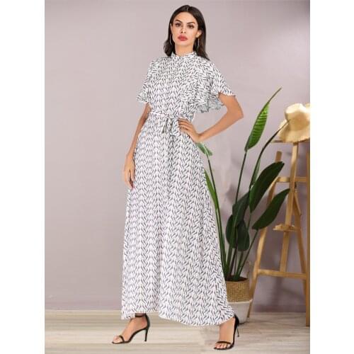 Women Floral Printed Long Dress O-neck Boho Muslim Ramadan Abaya Dubai Summer Short Sleeve Robe Arab Jilbab With Belt Fashion