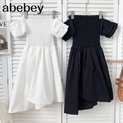 Temperament slash neck short sleeve off shoulder Dress high waist pleated mid-long irregular A-line Dress 2021 New Summer