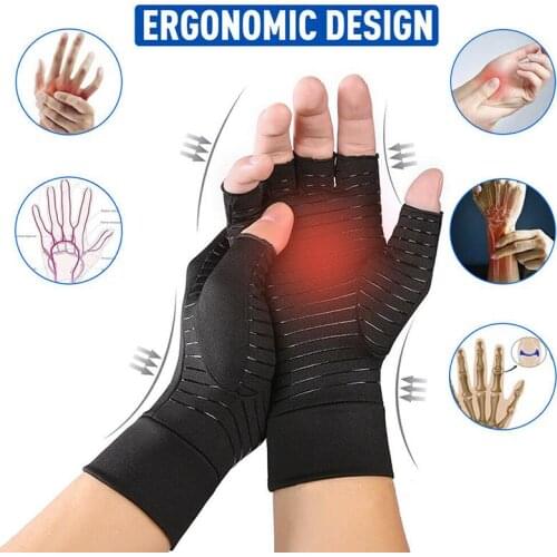 1 Pair Compression Copper Arthritis Gloves Hand Wrist Brace Finger Pain Relief Support Copper Fiber Anti-slip Therapy Gloves