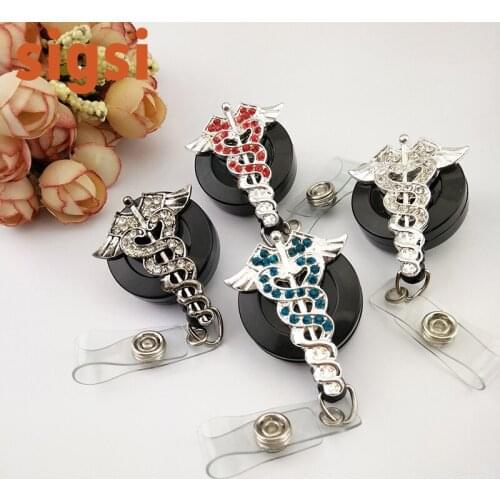 100pcs mix color rhinestone fancy angel wing medical doctor symble hospital nurse id badge holder/reel for nurse/gift