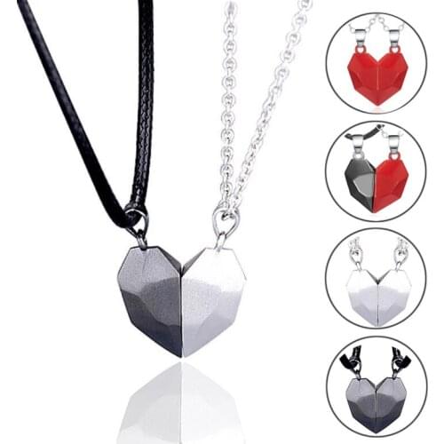 2Pcs/lot Magnetic Couple Necklace Lovers Heart Pendant Distance Faceted Charm Necklaces Choker Women Valentines Day Gift