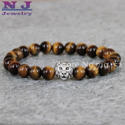 2015 New High Grade Jewelry Wholesale 10pcs/lot 8mm Tiger eyes Stone Beads Antique Gold Lion Head Bracelets Mens Bracelets