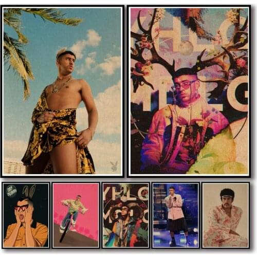 49 Designs Reggae Singer Bad Bunny Kraftpaper Poster Artwork Fancy Wall Sticker for Coffee House Bar